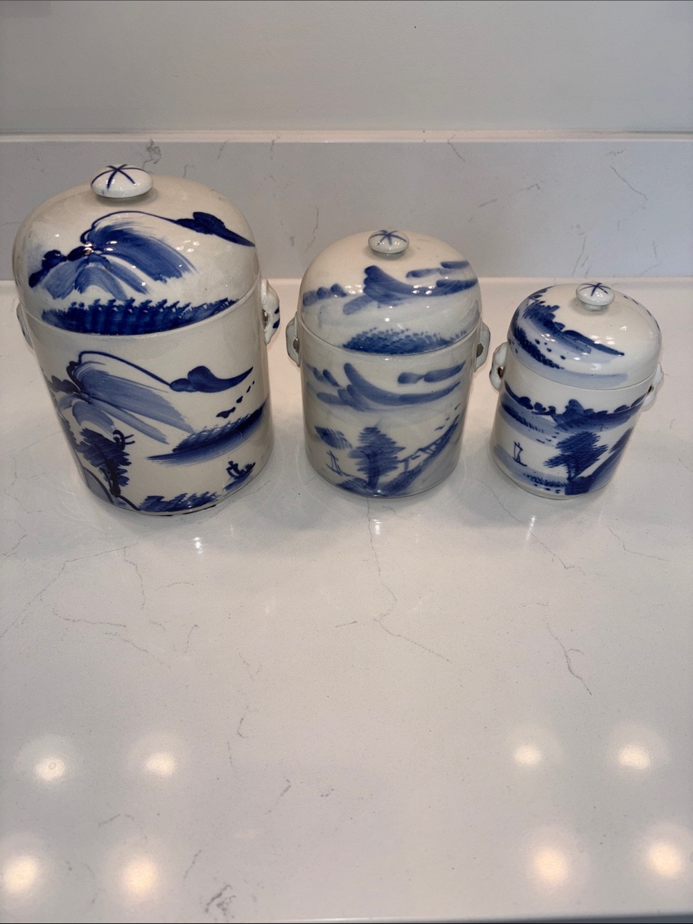 - 3 x Vintage Chinese Tea Canisters, Blue and White, Tea Caddies